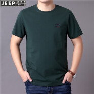 吉普（JEEP）短袖t恤男2025新款寬松夏季純色棉質(zhì)圓領(lǐng)休閑刺繡半袖t桖上衣男裝 3037款墨綠色下擺開(kāi)叉 XL/180建議155-165體重