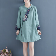 禪服佛系女棉麻茶服女中國風復古斜襟盤扣中長款襯衫秋裝刺繡寬松長袖上衣 青綠中長刺繡斜襟長袖上衣 均碼