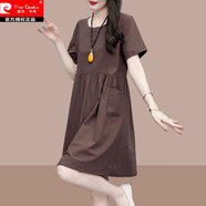 皮爾卡丹連衣裙2024新款女裝夏季大尺碼寬松顯瘦胖m遮肚小個(gè)子時(shí)尚a字裙子 咖啡色 2XL (建議130斤-145斤)