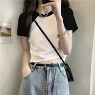 妃麗慕尚（FEILIMUSHANG）2025年夏季新款純棉正肩拼色短袖t恤女小個子修身短款上衣辣妹ins 803白純色 M
