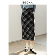 EGGKA 復(fù)古風(fēng)斜格紋休閑半身裙女秋冬新款學(xué)院風(fēng)高腰顯瘦A字裙女 深藍-長（配腰帶） E23B3723AG M