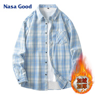NASA GOOD加絨長(cháng)袖襯衫男秋冬季韓版潮流格子襯衣青年休閑保暖外套 藍XL