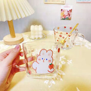 暢印ins風(fēng)可愛(ài)牛奶燕麥玻璃水杯早餐杯少女心高顏值玻璃杯 桃子兔子把杯+櫻花勺子 301-400ml