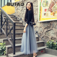 BUTAO網(wǎng)紗半身裙女春季新款百搭氣質(zhì)長裙垂墜感百褶中長款紗裙 灰色（黑色里襯） M 75C