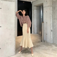 Radinka2024秋冬新款厚款毛線魚尾裙高腰顯瘦針織裙女荷葉邊小香風半身裙 港風荷葉邊米白色【偏杏】 均碼