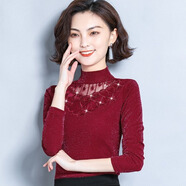 在禮蕾絲打底衫女長(zhǎng)袖2025秋冬上衣半高領(lǐng)修身T恤女士秋衣外穿小衫 酒紅色 加絨加厚  2XL 建議120-130斤穿