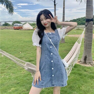 賢語方領(lǐng)牛仔短袖連衣裙夏季新款可甜可鹽收腰顯瘦蕾絲拼接裙子女 藍(lán)色 【關(guān)注店鋪優(yōu)先發(fā)貨】 L 建議105斤-115斤