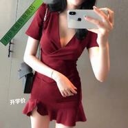 邦伊芙連衣裙女夏性感2023夏短袖連衣裙女裝性感V領(lǐng)包臀開(kāi)叉200斤修身顯 紅色 4XL 【建議155-170斤內可穿】