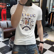 Angelgonzales歐洲站男士純棉燙鉆印花短袖T恤潮流修身夏季新款打底衫潮男 白色 L