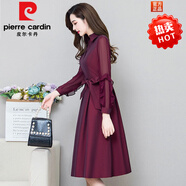 皮爾卡丹（pierre cardin）官方品牌 媽I媽酒紅色長袖連衣裙子2023年春秋冬季新款高端喜婆婆 酒紅色 4XL (適合146-160斤)
