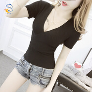 佐琪魚(yú)性感收腰緊身v領(lǐng)針織T恤女夏短袖低胸上衣交叉裝主播衣服 黑色 均碼 (120斤以下)