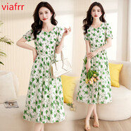 VIAFRR上檔次高級感百搭2025年夏季新款時(shí)尚氣質(zhì)韓版寬松短袖雪紡連衣裙 綠色 M