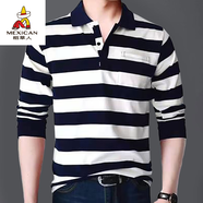 稻草人新款男式長(cháng)袖t恤棉秋衣翻領(lǐng)polo男衫中老年人大碼條紋打底衫爸爸 棉#白杠 XL 建議125-145斤