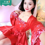 依嫚詩(shī)送禮大紅性感薄吊帶睡裙睡袍浴袍春秋仿真絲家居服兩件長(cháng)袖睡衣女 抹胸款大紅（睡裙+睡袍） XL(110-125斤)