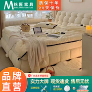 棉花糖布藝床女生臥室法式奶油風(fēng)白色雙人床新款現代簡(jiǎn)約大床 輕奢床+山羊乳膠床墊+2柜 1.8*2.0米框架結構