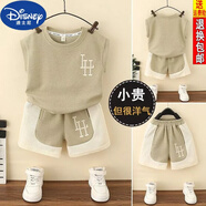 迪士尼（DISNEY）男童夏裝套裝2023新款洋氣兒童酷帥網(wǎng)紅無袖背心薄款夏季寶寶衣服 豆綠色刺繡套裝 110 建議30斤-35斤