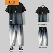 【上衣+褲子】短袖套裝男夏季新款七分袖t恤男生九分褲套裝男韓版潮流學生寬松嘻哈帥氣青少年一套衣服 黑色短袖+灰色褲子 XL