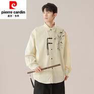 皮爾卡丹早秋新中式穿搭訂婚套裝領(lǐng)證長(cháng)袖襯衫男國風(fēng)襯衣刺繡漢服 杏色【長(cháng)袖】 單件襯衫 XL 【135-155斤】