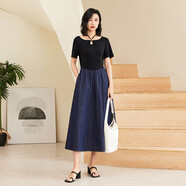 普普風(fēng)（FGFEEL）2023夏季女裝新品優(yōu)雅系帶v字腰牛仔拼接連衣裙OB2L19735S 黑色 S