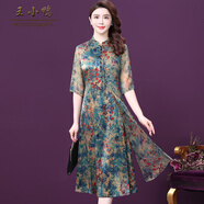 王小鴨復古桑蠶絲連衣裙女夏新款輕奢印花中國風(fēng)優(yōu)雅 藍色 L