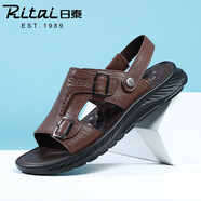 日泰（RITAI）沙灘涼鞋男夏季新款兩穿頭層牛皮厚底減震時(shí)尚涼拖鞋 棕色 40