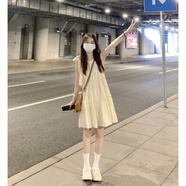 風(fēng)曉薇2024新款小個子吊帶無袖掛脖連衣裙子女裝夏季海邊度假仙女沙灘裙 奶杏色連衣裙有內(nèi)襯-顯瘦遮肚子韓版連衣裙 L -顯瘦遮肚子韓版連衣裙