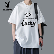花花公子（PLAYBOY）純棉短袖t恤男青少年夏季套裝男生字母短袖T恤衫半袖新款高中學(xué)生 T11白色【單件】 5XL適合210-230斤