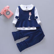 小憨鹿女童春秋套裝0-5歲春季新款學(xué)院風(fēng)兒童洋氣小童服飾外套女孩3件套 裙擺3件套藏青 90 建議身高75-85