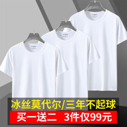 戰(zhàn)浩【3件】冰絲莫代爾棉短袖T恤男夏季青年純色薄白半袖圓領打底衫體 白+白+白 4XL 建議【180-200斤】