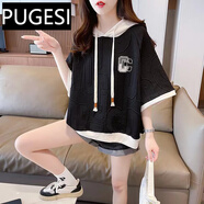 普戈斯（PUGESI）短款外套女春秋款外穿設計感連帽衛衣拉鏈韓版顯瘦減齡ins炸街潮 黑色 短袖薄款 L 建議100-120斤
