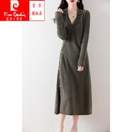 皮爾卡丹（pierre cardin）2024秋冬新款斜襟100%羊毛針織連衣裙開(kāi)衫女韓版羊絨過(guò)膝長(cháng)裙子 橄欖綠 2XL