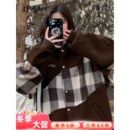 美式復古棒球服女春秋款式撞色設計感小眾情侶外套女百搭短外套女 A31咖色毛呢面料有內里 S
