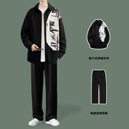 RLZN胖子大碼印花短袖花襯衫男夏季外套潮牌冰絲寬松海邊度假半袖襯衣 C2522水墨畫+褲子 XL130-145斤