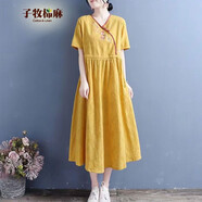 子牧棉麻夏裝 女復(fù)古百搭V領(lǐng)繡花中長(zhǎng)款短袖連衣裙0305 黃色  L(建議105-115斤)