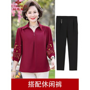 俞兆林（YUZHAOLIN）中老年女裝 媽媽裝中袖上衣中年女士套裝夏裝經(jīng)典款式 FG6513 酒紅紅+黑色褲 XL [建議90-110斤]