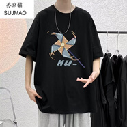 蘇京貓短袖t恤男2024夏季新款潮牌ins港風(fēng)大碼寬松男生男款半袖體恤上衣 黑色 XL