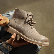 百狄（BYETIVE）馬丁靴男靴側拉鏈磨砂皮高幫工裝靴英倫男士皮靴厚底耐磨沙漠靴 卡其色(真皮) 41皮鞋碼(等于運動(dòng)鞋42碼)