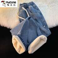啄木鳥(niǎo)（TUCANO）加絨加厚牛仔褲女秋冬季新款松緊腰抽繩寬松復(fù)古保暖直筒闊腿褲子 復(fù)古藍(lán) 森 加絨 XL 120-135斤