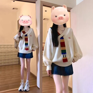 皓娥韓版寬松毛衣女秋冬新款時(shí)尚百搭V領(lǐng)套頭針織衫學(xué)院風(fēng)外套 彩虹針織衫【白色】