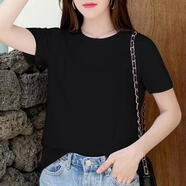 王熙麥白色t恤女短袖2023夏季新款寬松韓版女裝百搭休閑圓領半袖體恤女 黑色圓領：無圖案 L 105-115斤