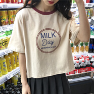 品詩歌人夏季重磅短袖t恤女韓版學(xué)生森系ins洋氣短款原宿bf寬松上衣潮 杏色 L 100-120斤