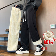 余帥（YU SHUAI）羊羔絨褲子男士秋冬季加絨加厚2025新款寬松休閑冬天棉褲直筒長(cháng)褲 黑色加絨 XL