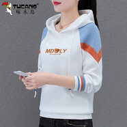 啄木鳥連帽衫衛(wèi)衣女春秋款2025新款春裝撞色拼接寬松休閑長袖上衣 白色 M (建議80-95斤)