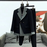 贏(yíng)鎮韓國感ins時(shí)尚條紋拼接西服套裝男韓版痞帥小西裝外套網(wǎng)紅潮 黑色單外套 L
