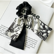 韓萊緹（HLT）法式飄帶發(fā)帶女綁發(fā)扎馬尾頭繩絲巾發(fā)圈蝴蝶結發(fā)繩頭飾202 國潮黑白畫(huà)  B02-104