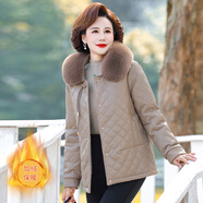 恒源祥媽媽冬裝外套加絨棉衣中年女裝pu皮棉服中老年秋冬季加厚新款棉服 卡其色 2XL