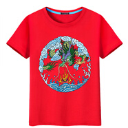 KMKA有龍圖案的衣服中國龍短袖男新年紅色體恤龍袍中國風(fēng)情侶半袖大碼 紅T祥云龍 成人XS