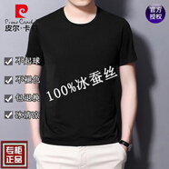 皮爾卡丹【5萬(wàn)+已加購】男士短袖t恤桑蠶絲V領(lǐng)半袖夏季純色冰真絲體恤汗衫 圓款領(lǐng)黑色 XL 175建議140-160斤