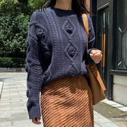 拉夏貝爾（La Chapelle）歐洲站重工手工刺繡立體花朵玫瑰鉤花毛衣女2023冬百搭套頭針織衫 純100自動(dòng)發(fā)熱藍色 純100自動(dòng)發(fā)熱3XL