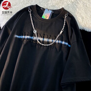 致臻男神 t恤男夏季設(shè)計(jì)感字母印花自帶項(xiàng)鏈短袖T恤嘻哈寬松百搭情侶體恤 T112黑色 2XL建議140-155斤